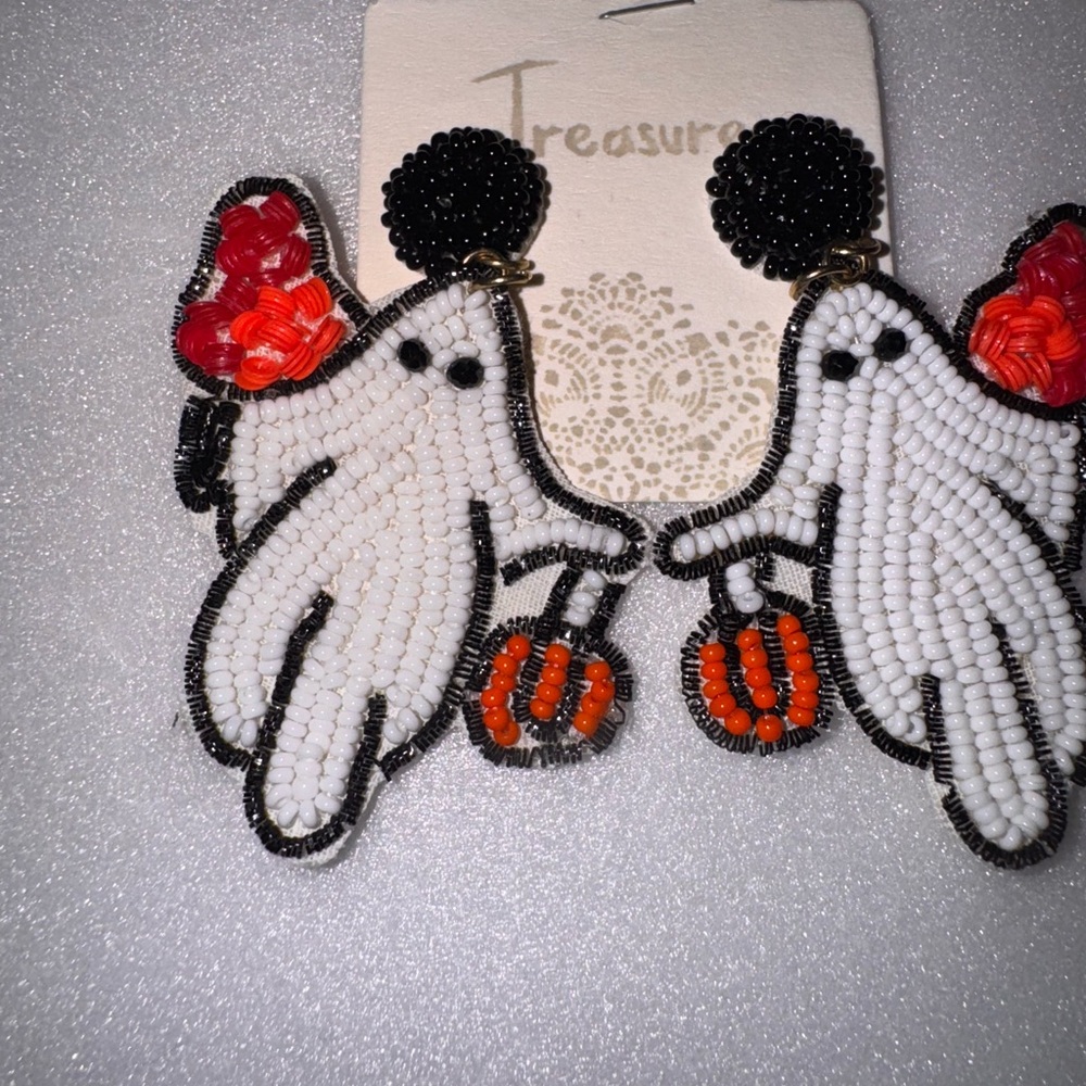 Beaded Ghost Earrings with Pumpkins